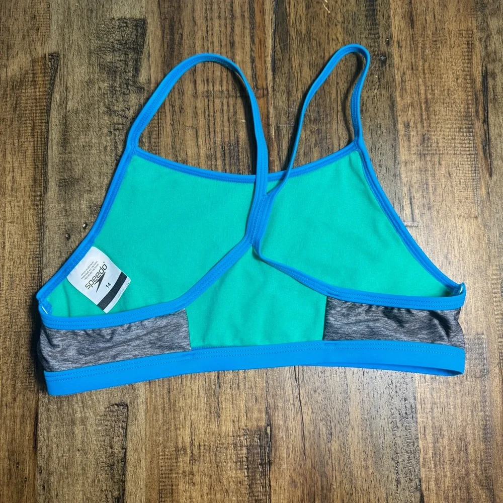 EUC Speedo Digi Zigzag Heather‎ Bikini Top Blue Gray Kids Size 14 Athletic Swim